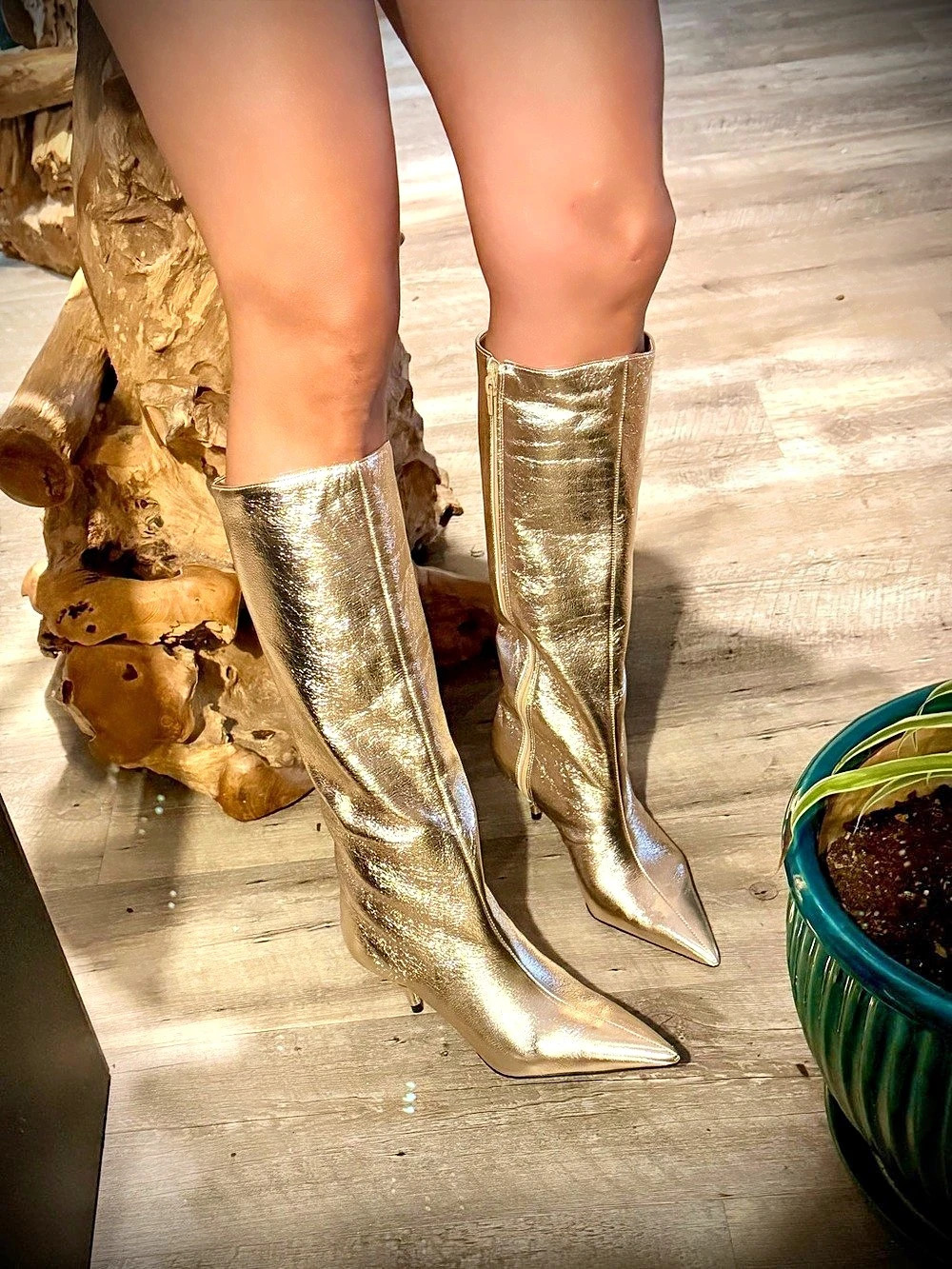 Arezzo Skye Low Stiletto Gold Metallic Pointed-Toe Boots Size US 6 NWT